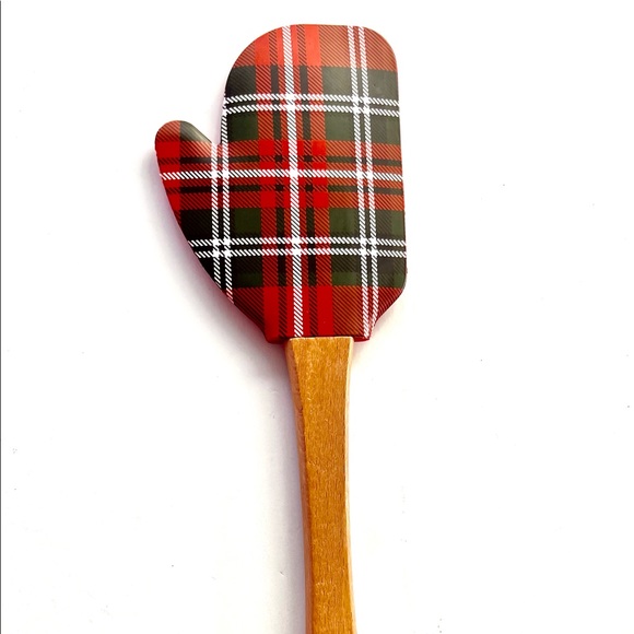 Christmas Mitten Shaped Plaid Silicone Spatula Wood Handle Joy Engraved - Picture 4 of 8